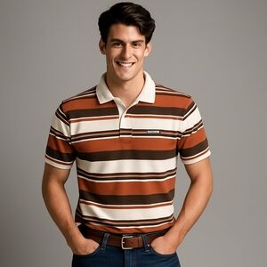Kirra Large Brown Orange White Striped Polo Shirt Y2K Skater Surf Skateboarding